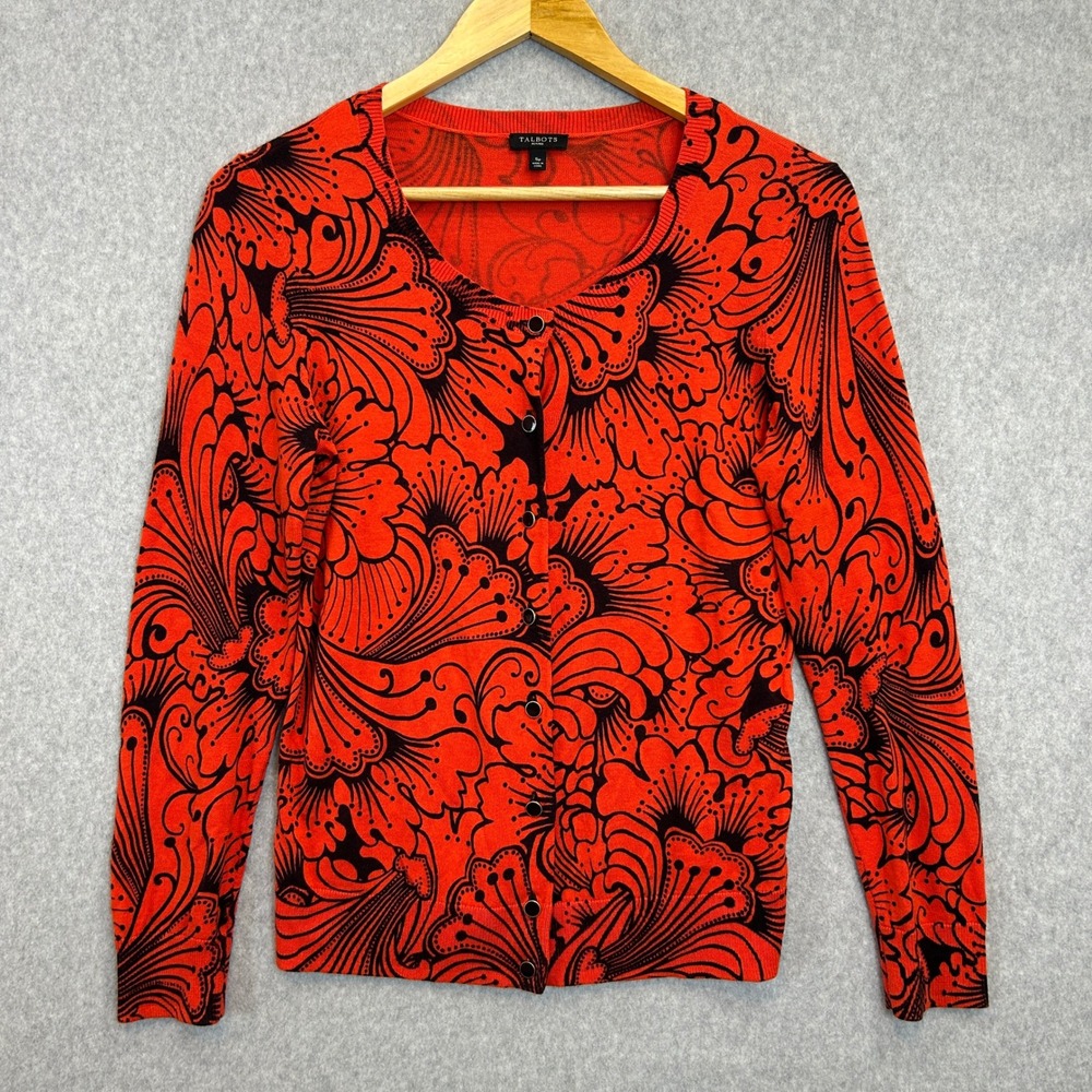 Talbots Cardigan Red Black Floral Paisley Button Front Womens Small Petite SP